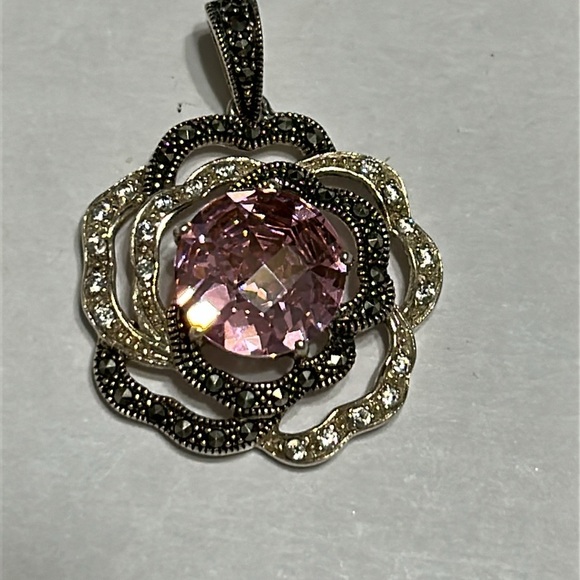 Jewelry - Sterling Silver Pink Stone Pendant. Marquisite accents.